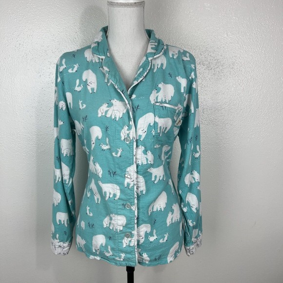 Munki Munki Pajama Top Women Small Sleep Button Up Long Sleeve Polar Bear Fleece - Picture 15 of 15